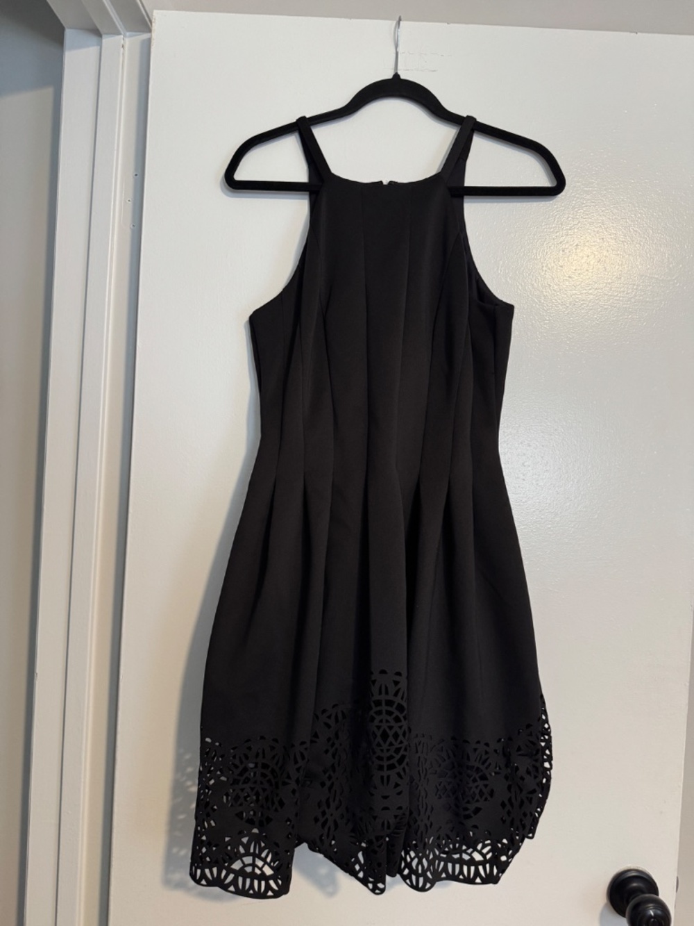 Vince Camuto High Neck Fit and Flare Dress with Laser-Cut Hem, Size 10